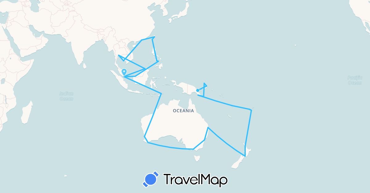 TravelMap itinerary: driving, boat in Australia, China, Fiji, Cambodia, Malaysia, New Zealand, Papua New Guinea, Philippines, Singapore, Thailand, East Timor, Taiwan, Vanuatu (Asia, Oceania)